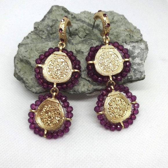 NEW Zara Purple Beaded Gold Coin Drop Earrings - Picture 3 of 4